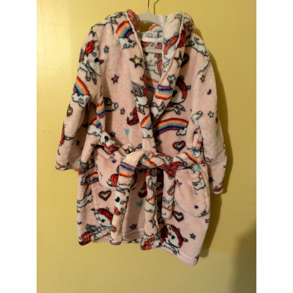 Kids Pink Unicorn Rainbow Fleece Hooded Bathrobe Plush Loungewear Robe